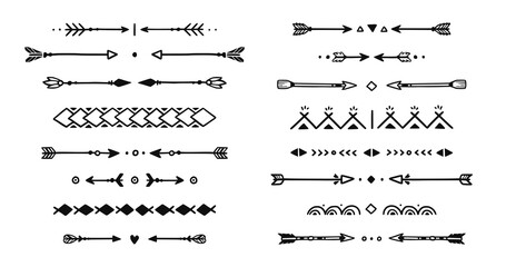 Mexican, boho arrow hand drawn element set. African, aztec rustic ethnic arrow, ornament divider. Tribal boho decor design. Vector illustration.