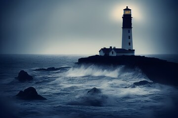 Naklejka premium A lighthouse lashed by waves during a storm.