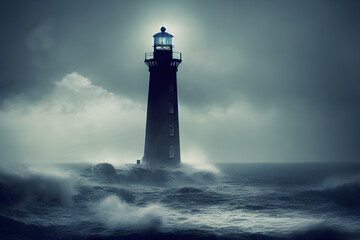 A lighthouse lashed by waves during a storm.
