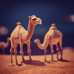 3D rendering of cute camels walking in the desert scene, cartoon camel, natural desert scenery like Egypt, gobi, Sahara, can be used for travel, landscape, educational illustration, banner, wallpaper.