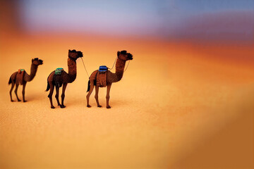 3D rendering of cute camels walking in the desert scene, cartoon camel, natural desert scenery like Egypt, gobi, Sahara, can be used for travel, landscape, educational illustration, banner, wallpaper.