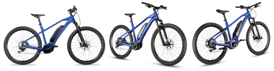 Foto op Plexiglas set collection of blue modern mid drive motor e bike pedelec with electric engine middle mount. battery powered ebike isolated white background. Innovation transportation concept. © stockphoto-graf