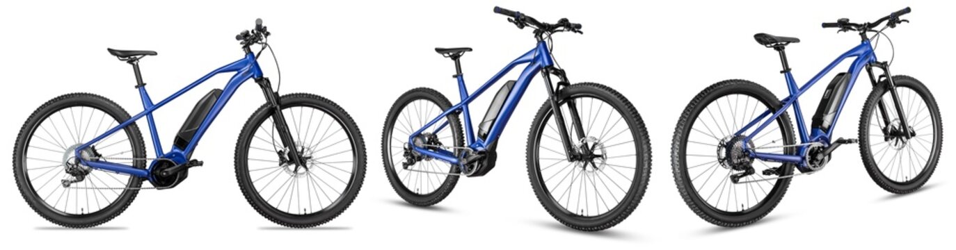 set collection of blue modern mid drive motor e bike pedelec with electric engine middle mount. battery powered ebike isolated white background. Innovation transportation concept.