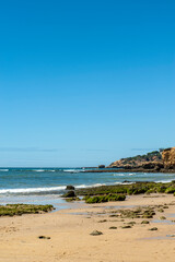Maria Luisa beach with rock formation in Albufeira, Algarve, Portugal.
