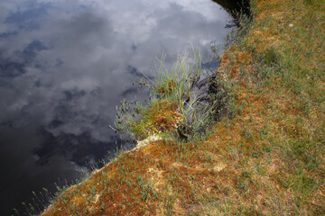 Unique nature reserve national park: peat moss bog and pond with reflection of cloudy blue sky in the Bihar mountains near Padis, Transylvania, Romania. 
Color landscape photo.
