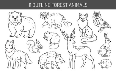 A set of forest animals on an isolated background. Cute contoured animals in cartoon style vector