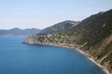 The panorama of CInque Terre national park and Corniglia village, Italy