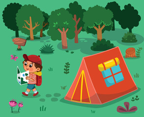 Vector illustration of a child exploring at campsite.
