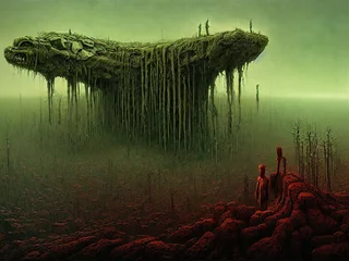 Zelfklevend Fotobehang Somber dystopisch landschap. Surrealistische achtergrond. Digitale afbeelding. © eestingnef