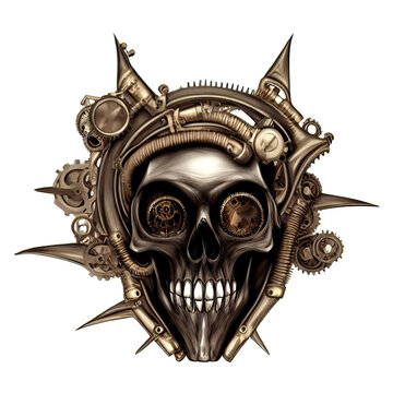 Steampunk skull. Digital illustration. Isolated on white background.