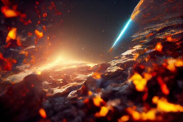 Meteor Impact On a planet - Fired Asteroid In Collision With Planet - Contain 3d Rendering. Background, concept art.