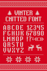 alphabet and numbers on red knitted background. Decorative Christmas poster
- 537574602