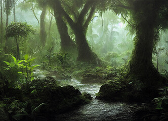 Obraz premium The Landscape of the jungle full of exotic plants and trees, An overview of the nature best, hot and wet ecosystem, where life abounds.