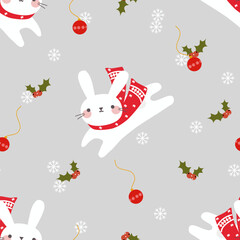 White Bunny in Christmas Winter Seamless Pattern