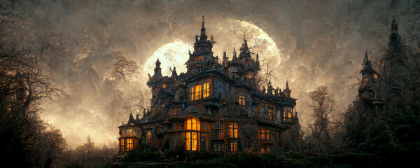 Magical mansion under a full moon in a dark sky at night. Halloween concept banner background - obrazy, fototapety, plakaty