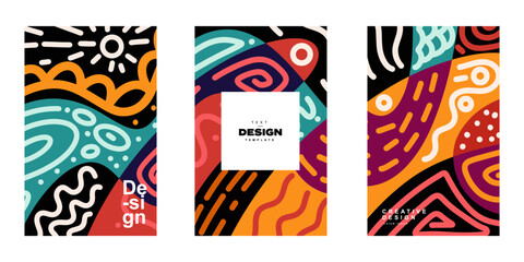 Set of abstract trendy poster template design in ethnic style. Collection of retro modern illustration outline stroke pattern background
