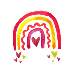 Hand drawn watercolor rainbow with hearts. Boho style vector watercolor rainbow. Perfect for boho style design and kids posters.