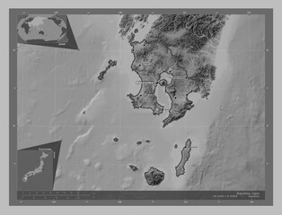 Kagoshima, Japan. Grayscale. Labelled points of cities
