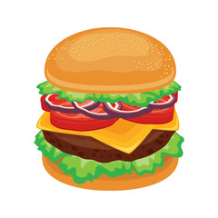Fresh big hamburger with cheese and lettuce icon vector. Delicious meat burger icon isolated on a white background. Cheeseburger with vegetables drawing