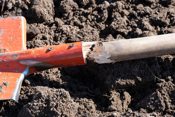 A broken shovel handle lies on plowed ground. Broken shovel. Work in the garden.