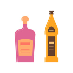Bottle of liquor and beer. Great design for any purposes. Icon bottle with cap and label. Flat style. Color form. Party drink concept. Simple image shape
