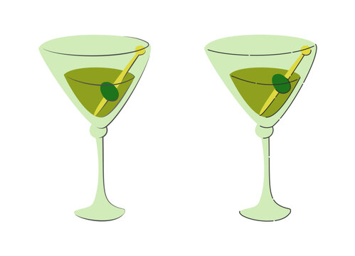 Martini wine glass with olive on white background. Cartoon sketch graphic design. Flat style. Colored hand drawn image. Party drink concept for restaurant, cafe, party. Freehand drawing style