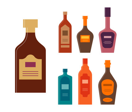 Bottle of rum balsam whiskey liquor gin tequila brandy. Graphic design for any purposes. Flat style. Color form. Party drink concept. Simple image shape