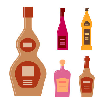 Bottle of tequila red wine beer liquor whiskey. Icon bottle with cap and label. Graphic design for any purposes. Flat style. Color form. Party drink concept. Simple image shape