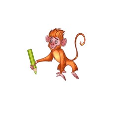 Monkey draws with a pencil on a white background