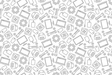 computer hardware seamless pattern, laptop, portable hard drive, monitor, mouse, CPU, fan, router, printer icons- vector illustration