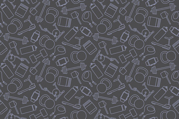 seamless pattern with sport, gym related icons: water bottle, treadmill, exercise bike, barbell, dumbbell, watch, jump rope, protein- vector illustration