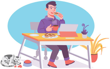 Young Man Sitting on Desk Working with his Tablet Enjoying Cup of Coffee and Cookies Breakfast Modern Flat Illustration Concept