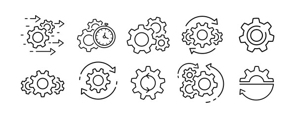 Process management icon set. Optimization operation. Transmission gear wheel with arrow Agile process thin line icons in flat style Technology sign, engine symbol isolated on white Vector illustration