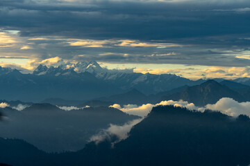 Beautiful landscape of Himachal Pradesh. clouds, mountains, sunset