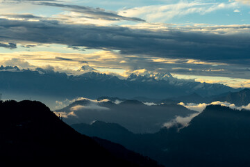 Beautiful landscape of Himachal Pradesh. clouds, mountains, sunset