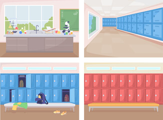 School rooms flat color raster illustration set. Chemistry laboratory with equipment for experiments. Rows of lockers. Empty 2D cartoon interior with furniture on background collection