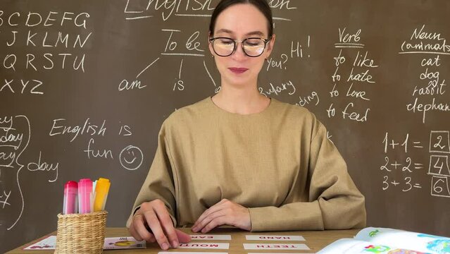 Learning English remotely. young teacher conducts online lesson using flashcards to learn words body parts. during quarantine on the background of the blackboard. Distance learning for schoolchildren.