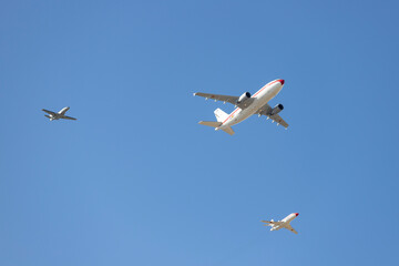 Airplane. Hunt. Hunts. Military vehicle. Spanish Air Force on the day of the National Holiday of October 12 flying over the streets of the city of Madrid. MADRID, SPAIN - OCTOBER 12, 2023