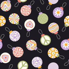 Christmas seamless pattern with retro groovy balls on a black background. Holiday winter print. Vector  illustration.