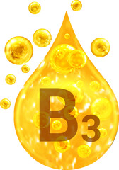 Drop with golden liquid and bubbles. Vitamin B3