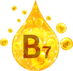 Drop with golden liquid and bubbles. Vitamin B7 - 537579604
