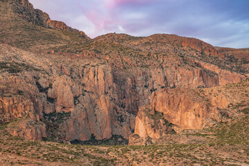 Spring landscape of the Superstition Wilderness Area at twilight,  Apache Trail, Tonto National Forest, Arizona, USA