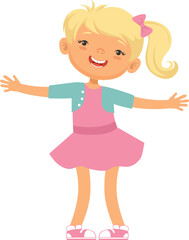 Cheerful girl character. Happy actve cartoon child