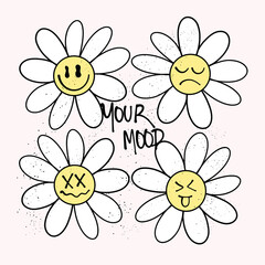 Fototapeta na wymiar Streetwear Retro hand drawn Set sun Flower Emoticon with Slogan Your Mood for T shirt Design