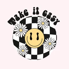 Door stickers Positive Typography Streetwear Retro hand drawn Smile Face and Flower with Slogan Take It Easy for T shirt Design