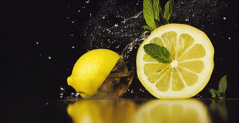 Soda water with lemon slices or citrus fruit and mint herbs infused sassi water for detox or...