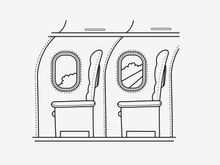 Aircraft business class cabin - seats and windows. Vector line drawing.