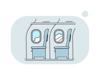 Business class Airplane Transport Interior for travel. Cartoon interior seats, plane cabin with portholes. Blue colored aircraft chairs and windows with clouds.  Flat vector illustration with outline.