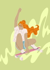 Woman riding a skateboard with one hand in the air and crouched legs. © Holly