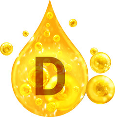 Drop with golden liquid and bubbles. Vitamin D